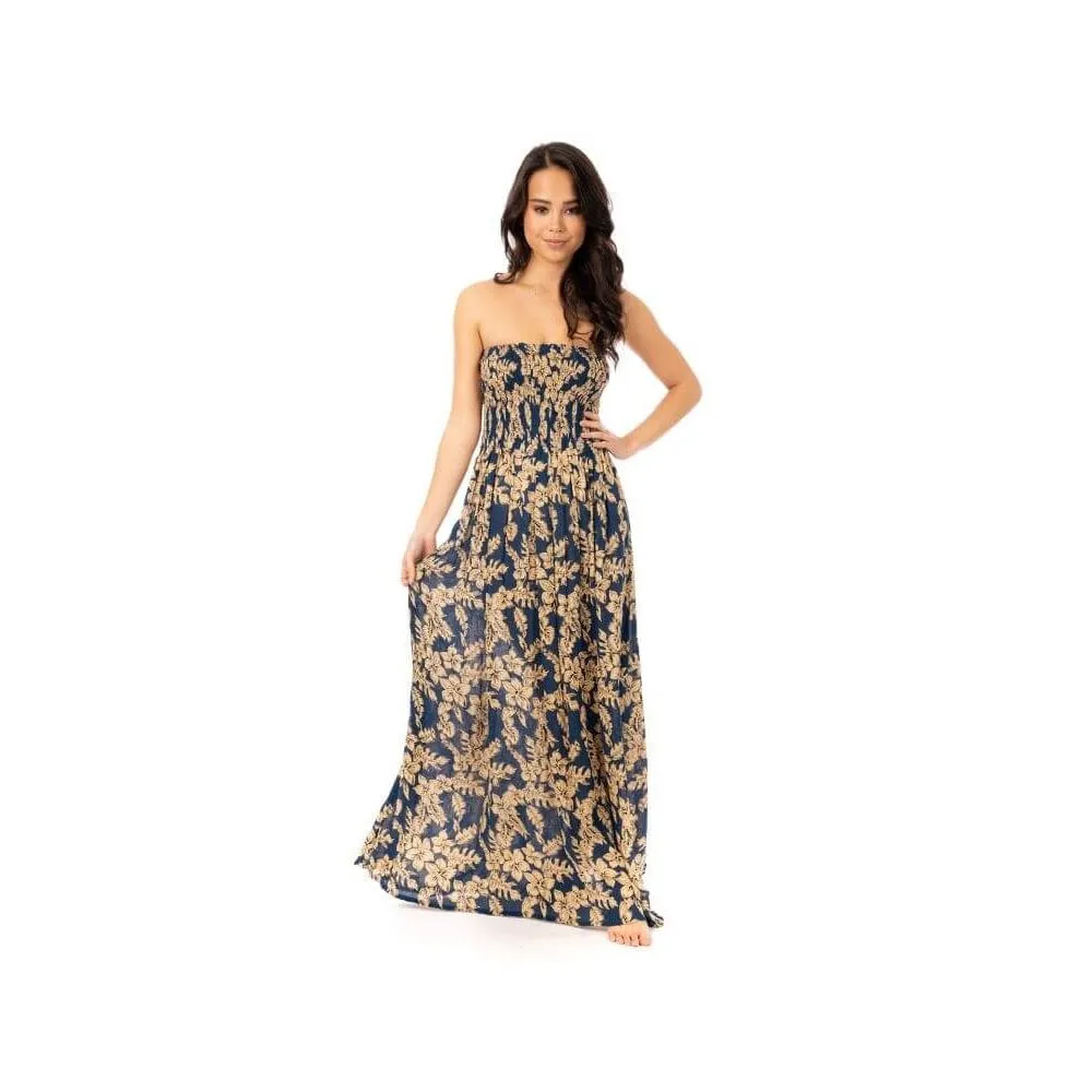 Womens Floral Printed Summer Navy Bandeau Maxi Dress